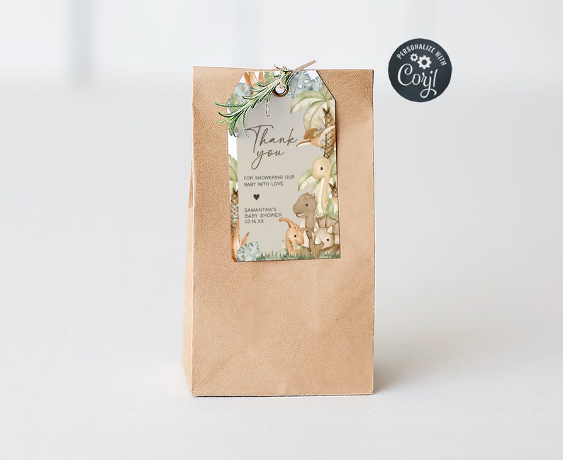 Editable Dinosaur Baby Shower Favor Tags, Baby Dinosaur Boho Baby Shower Gift Tag, Gender Neutral Dino Boho Baby Shower Thank You Tags, 0666 image 1