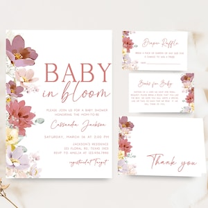 Editable Baby in Bloom Baby Shower Invitation Bundle, Spring Flowers Baby Shower Invite Set, Pink Florals Girl Baby Shower Invite, 0613