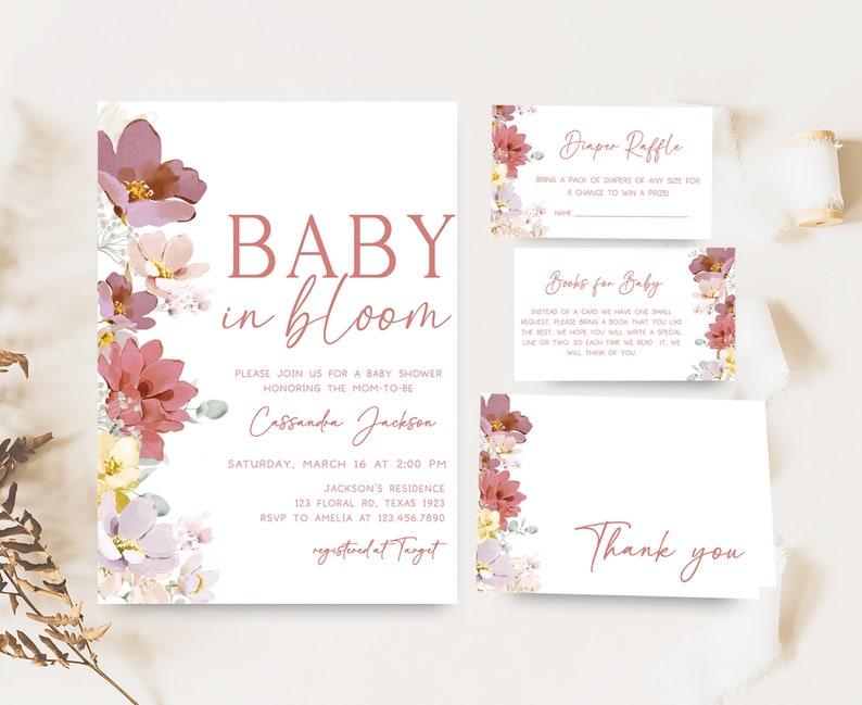 Bearbeitbares Baby in Bloom-Babyparty-Einladungspaket, Frühlingsblumen-Babyparty-Einladungssatz, rosa Blumen-Mädchen-Babypartyeinladung, 0613 Bild 1