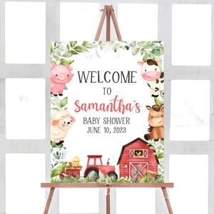 Editable Farm Baby Shower Welcome Sign, Red Barnyard Baby Shower Welcome Poster, Farm Animals Gender Neutral Decor Printable Template 0318