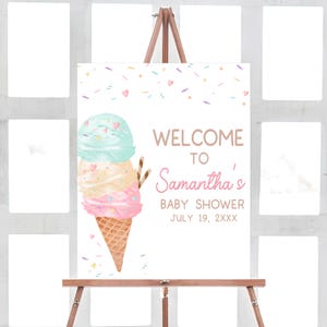 Bearbeitbares Eis-Babyparty-Willkommensschild, mit Liebe besprüht Sommer-Babyparty-Willkommensplakat, Eistüten-Schaufel-Babyparty, 01074