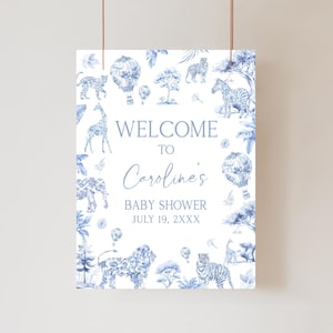 Letrero de bienvenida editable de Toile de Jouy Safari para baby shower, póster de bienvenida de Toile Safari para baby shower, decoración de chinoiserie azul para bebé niño, 01072