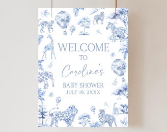 Editable Toile de Jouy Safari Baby Shower Welcome Sign, Safari Toile Baby Shower Welcome Poster, Blue Chinoiserie Baby Boy Decors, 01072