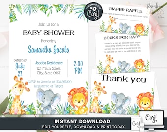 Printable Safari Baby Shower Invitation, Jungle Safari, Safari Animals Invitation, Boy Baby Shower, Printable Invite Instant Download BSL 96