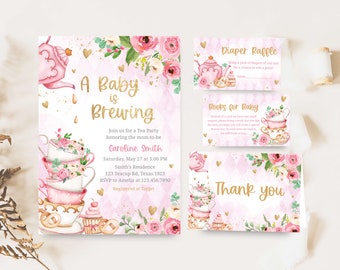 Paquete de invitación editable para baby shower de fiesta de té, un bebé está preparando un juego de invitación para baby shower, invitación para baby shower de fiesta de té floral rosa, 0279