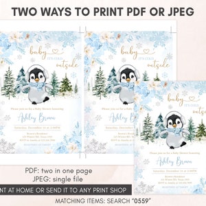 Editable Winter Penguin Baby Shower Invitation, Boy Penguin Baby Shower Invite, Blue Baby It's Cold Outside Baby Shower Invite Template 0559 image 3