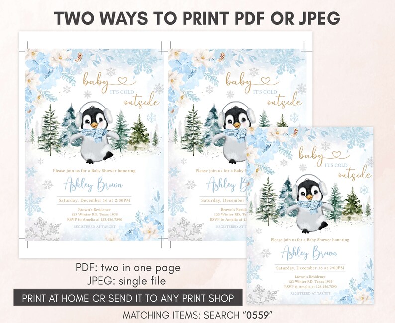 Editable Winter Penguin Baby Shower Invitation, Boy Penguin Baby Shower Invite, Blue Baby It's Cold Outside Baby Shower Invite Template 0559 image 3