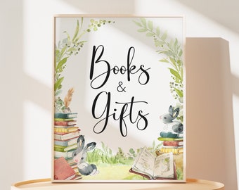 Storybook Baby Shower Bücher und Geschenke Schild, Ein neues Kapitel Babyparty Geschenke Schild, Gender Neutral Story Book Kaninchen Babyparty Schilder, 0714