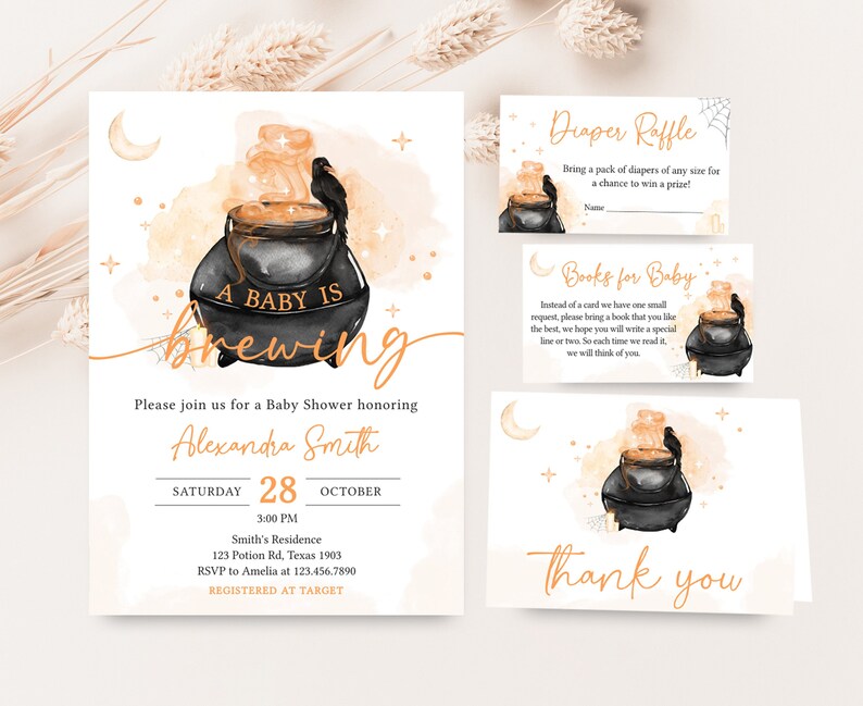 Editable A Baby is Brewing Halloween Baby Shower Invitation Bundle, Gender Neutral Halloween Baby Shower Invite Set, Witch Invitation 0469 image 1