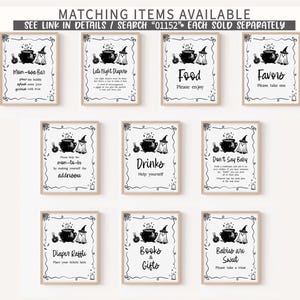 nine framed signs with various items listed, such as drinks, food, favors, and baby items, all with black text and illustrations. The signs are arranged in a grid, with each sign having a different title and description. The text on the signs is clear and easy to read, providing information about the items available for sale.