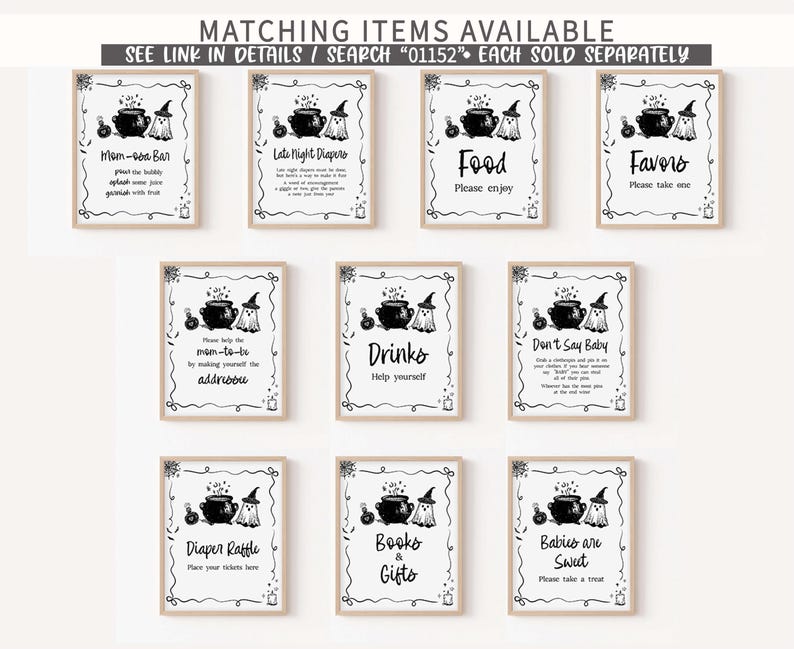 nine framed signs with various items listed, such as drinks, food, favors, and baby items, all with black text and illustrations. The signs are arranged in a grid, with each sign having a different title and description. The text on the signs is clear and easy to read, providing information about the items available for sale.