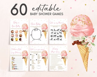 Editable Aquí está el paquete de juegos Scoop Baby Shower, paquete de juegos de baby shower con helado rosa, juegos de baby shower Baby Sprinkle Summer Girl, 0791
