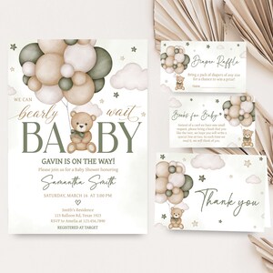 Editable Gender Neutral Bear Balloon Baby Shower Invitation Bundle, We Can Bearly Wait Baby Shower Invite Set, Boho Bear Baby Shower, 0603 image 1