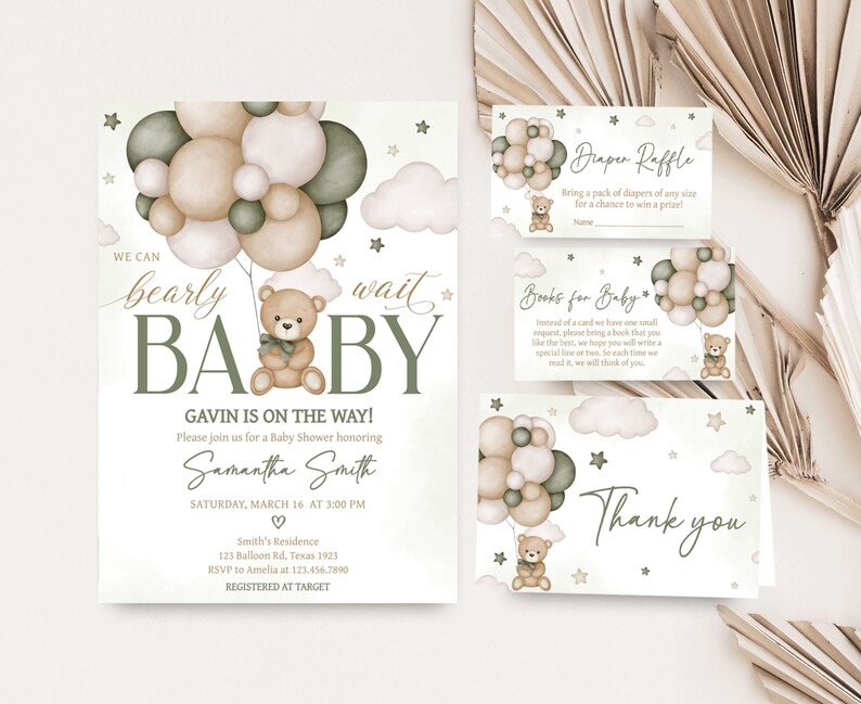 Editable Gender Neutral Bear Balloon Baby Shower Invitation Bundle, We Can Bearly Wait Baby Shower Invite Set, Boho Bear Baby Shower, 0603 image 1