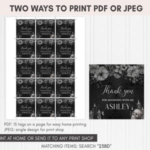 a black and white photo with flowers and a thank card