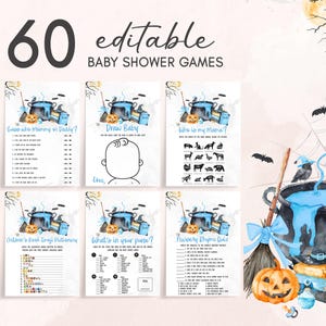 The image is a collection of 60 baby shower games, each with a different title and theme, including a witch's broomstick, a baby's face, a pumpkin, and a spider web.