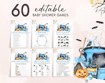 Editable Blue A Baby is Brewing Halloween Baby Shower Games Bundle, Spooky Witch Baby Shower Game Pack, Boy Halloween Baby Shower Game 01148