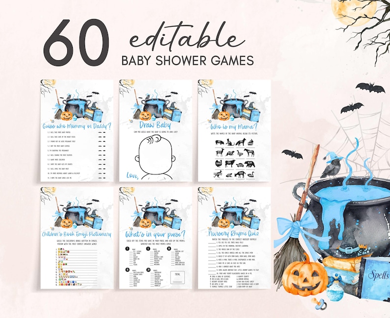 The image is a collection of 60 baby shower games, each with a different title and theme, including a witch's broomstick, a baby's face, a pumpkin, and a spider web.