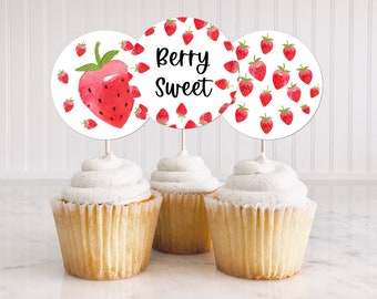 Strawberry Berry Sweet Cupcake Toppers, Strawberries Happy Birthday Toppers, Birthday Party Decoration, Summer Berry Baby Shower 0134