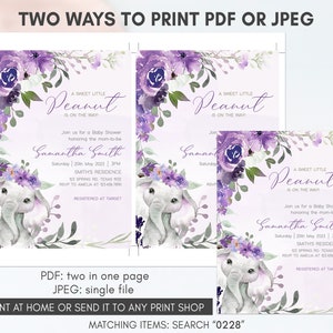 May include: Purple and white baby shower invitation with a watercolor floral design and two elephants. The invitation says "A Sweet Little Peanut is on the way" and includes the name Samantha Smith, the date and time of the shower, and the location. The invitation also includes the text "Registered at Target".
