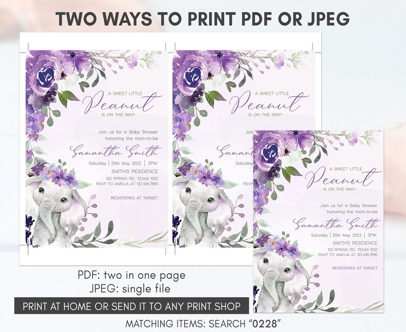 May include: Purple and white baby shower invitation with a watercolor floral design and two elephants. The invitation says "A Sweet Little Peanut is on the way" and includes the name Samantha Smith, the date and time of the shower, and the location. The invitation also includes the text "Registered at Target".