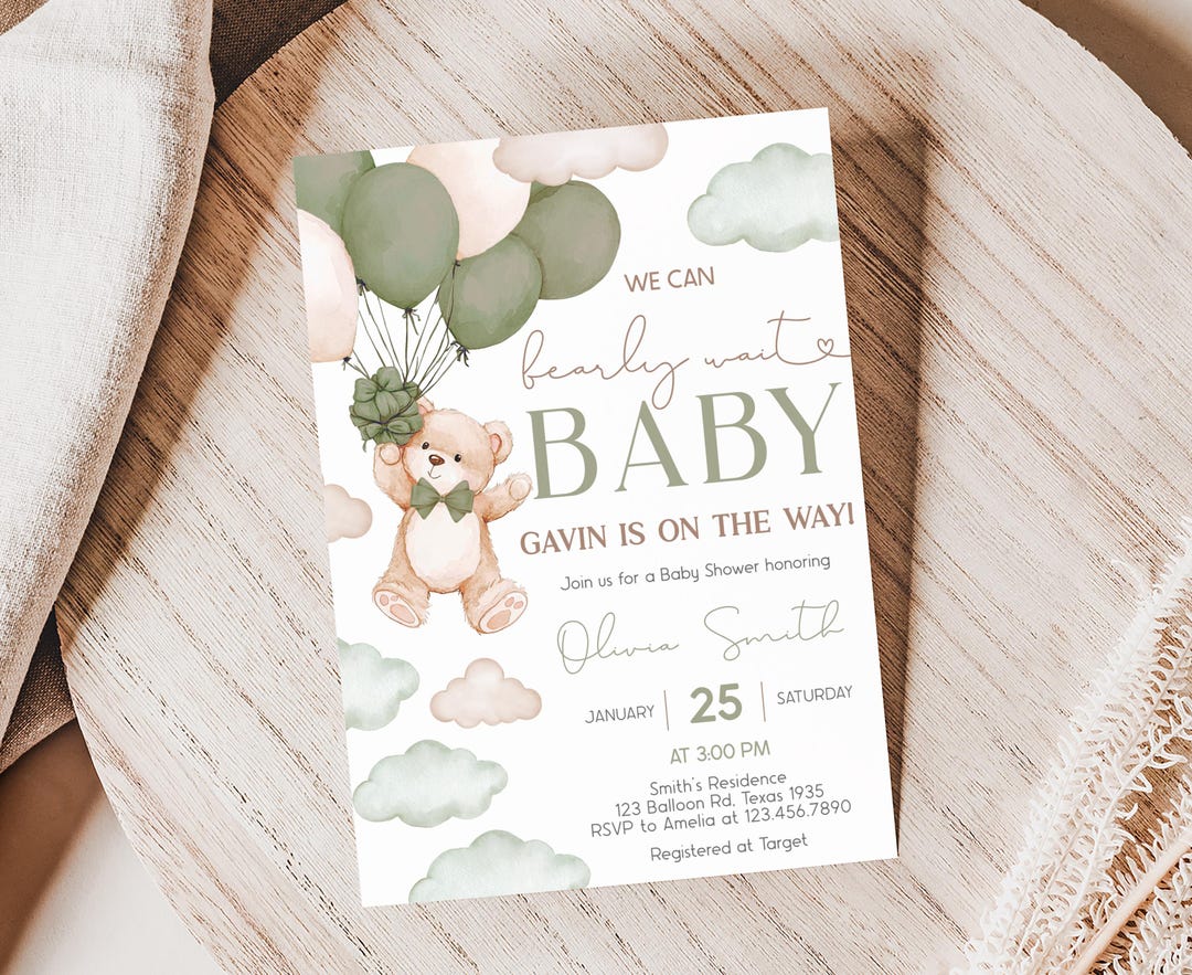 Editable We Can Bearly Wait Baby Shower Invitation, Green Boho Bear ...