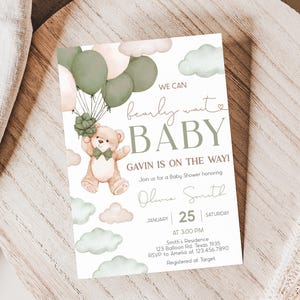 Editable We Can Bearly Wait Baby Shower Invitation, Green Boho Bear Balloon Baby Shower Invitation, Neutral Bear Baby Shower Invites, 01030