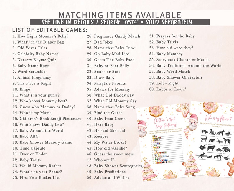 May include: A printed sheet with a list of editable baby shower games, including "How Big is Mommy's Belly?" and "Baby Trivia." The image also shows matching items and a search term. The theme is baby shower.