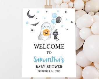 Editable Halloween Baby Shower Welcome Sign, Blue A Little Boo Halloween Baby Shower Welcome Poster, Boy Ghost Baby Shower Welcome Sign 0443