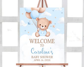 Editable We Can Bearly Wait Baby Shower Welcome Sign, Blue Bear Baby Shower Welcome Poster, Boy Bear Balloon Boho Baby Shower Signs, 01104