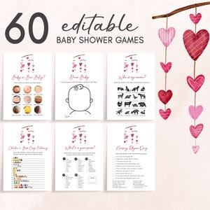 Pacchetto modificabile di giochi per baby shower di San Valentino, pacchetto di giochi per baby shower con cuore rosa rosso, modello di giochi per baby shower per ragazza un po&#39; innamorato, 0595