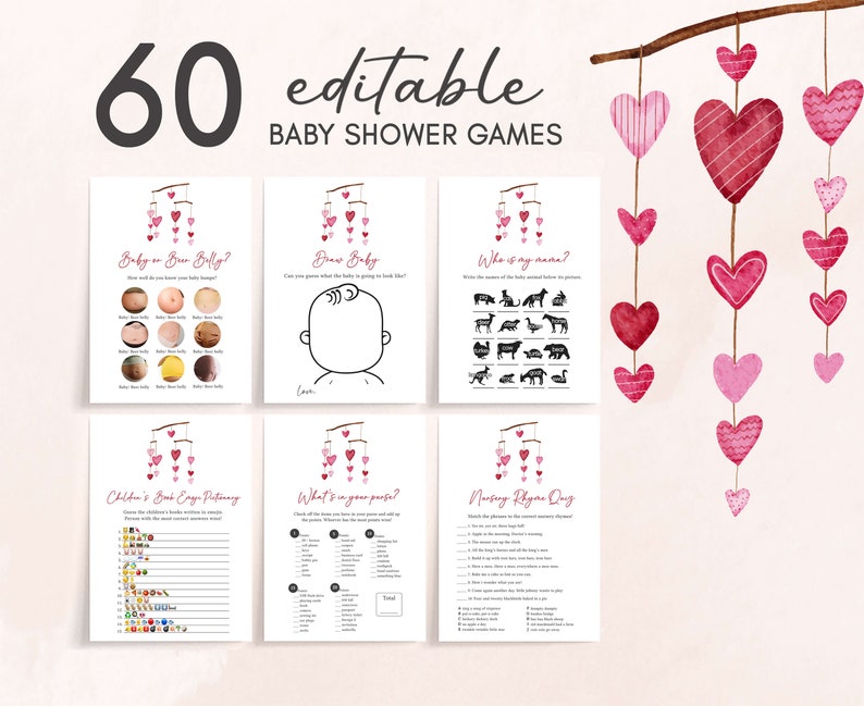 Editable Valentine Baby Shower Games Bundle, Pink Red Heart Baby Shower Game Pack, Girl A Little Sweetheart Baby Shower Games Template, 0595 image 1