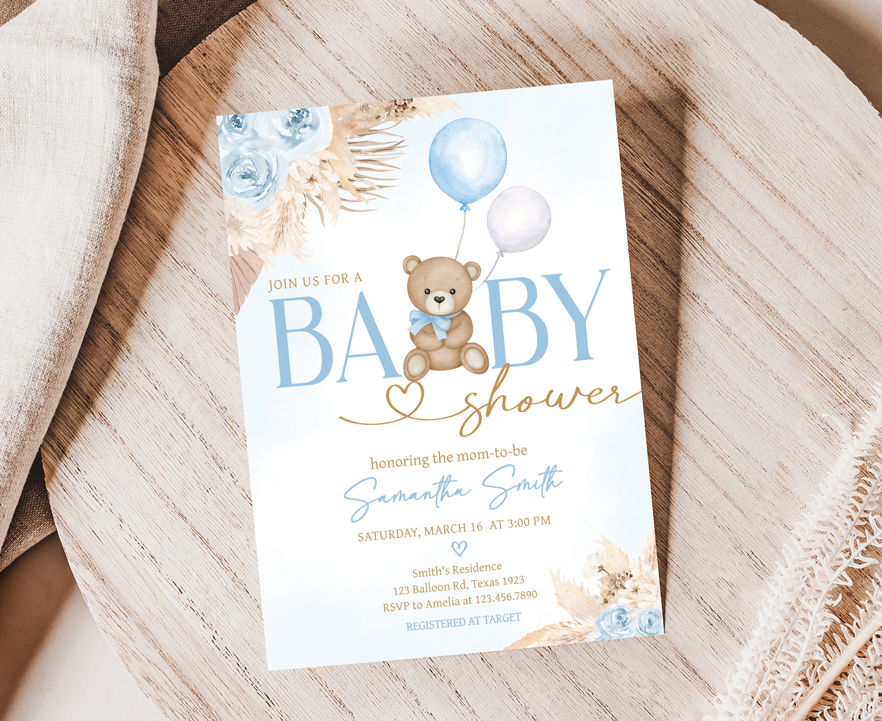 Editable Blue Pampas Grass Boy Boho Bear Baby Shower Invitation, We Can ...