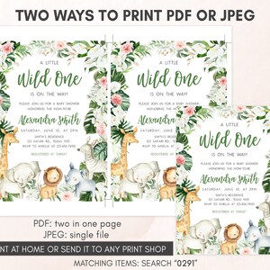 Op de afbeelding: Twee printbare babyshower-uitnodigingen met een jungle-thema. De uitnodigingen bevatten een aquarel-illustratie van een giraffe, zebra, olifant, leeuw en neushoorn, omringd door groene bladeren en roze bloemen. De tekst op de uitnodigingen luidt "Een klein wild beestje is onderweg!" en bevat de datum, tijd, locatie en RSVP-informatie van de babyshower. De uitnodigingen zijn beschikbaar als PDF met twee uitnodigingen per pagina of als JPEG met &eacute;&eacute;n uitnodiging per pagina.