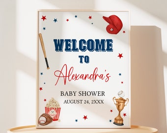 Panneau de bienvenue modifiable pour baby shower Oh Boy Baseball, Un petit cogneur est en route Poster de bienvenue pour baby shower, panneau de baby shower sportif, 0766