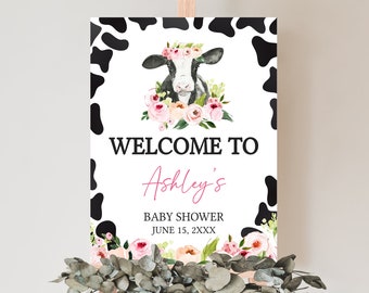 Segno di benvenuto modificabile per l'acquazzone di bambino della mucca dell'altopiano rosa, poster di benvenuto per l'acquazzone di bambino della mucca sacra della ragazza, cartello per l'acquazzone di bambino della mucca dell'altopiano floreale, 0799