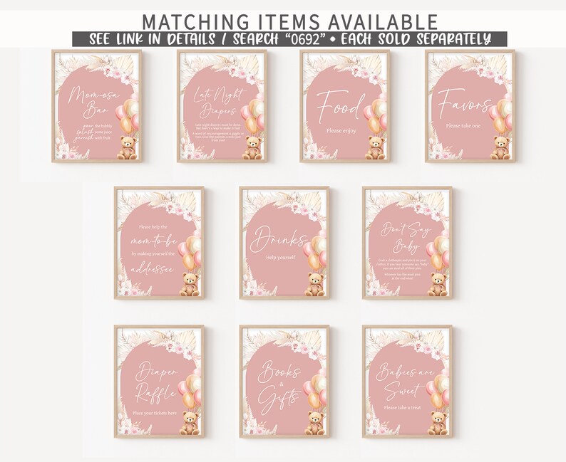 May include: A set of ten framed signs with a pink background and text for a baby shower. Each sign features a teddy bear, balloons, and floral accents. The signs include phrases like "Momosa Bar" and "Favors."