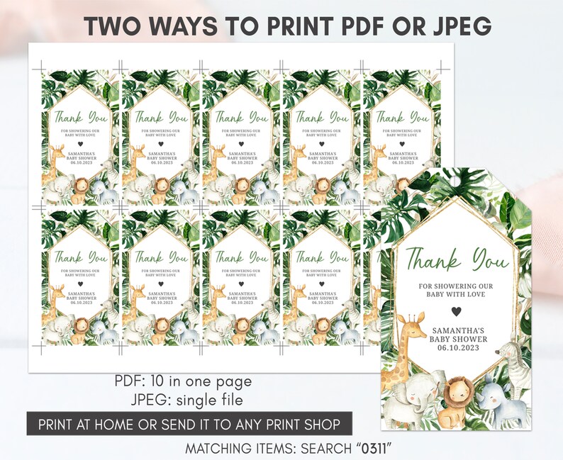 Editable Wild One Baby Shower Favor Tags, Greenery Safari Jungle Baby Shower Gifts Tags, Boy Jungle Safari Animals Favors Tag Template 0311 image 3