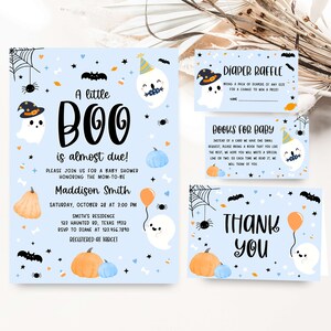 Editable Little Boo Baby Shower Invitation Bundle, Blue Halloween Baby Shower Invite Set, Halloween Boy Ghost Baby Shower Invite Pack, 0518