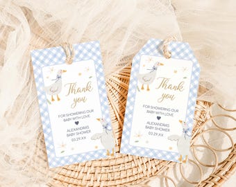 Etiqueta editable de regalo para baby shower de Silly Goose, etiquetas de regalo de Baby Goose con cuadros azules, etiquetas de agradecimiento para baby shower de Mother Goose, 01071