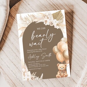 Lot d'invitations modifiables pour baby shower ballons ours, ensemble d'invitations baby shower bohème We can Bearly Wait, baby shower ours en peluche brun, 0694 image 3