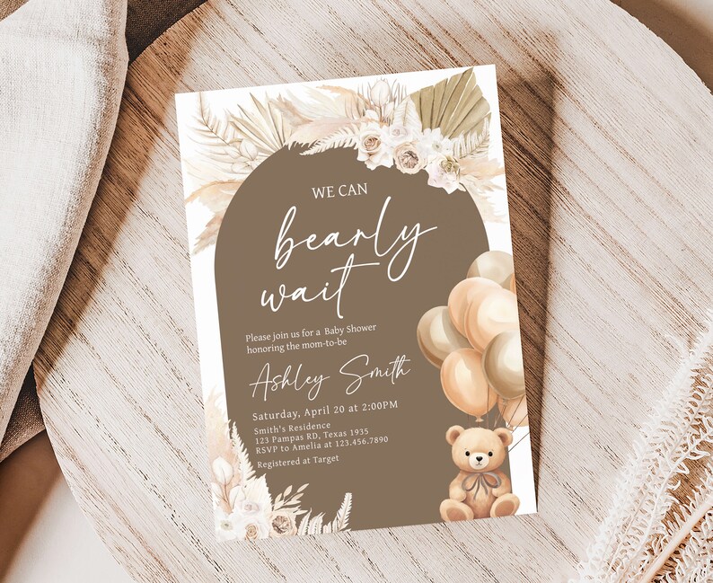 Lot d'invitations modifiables pour baby shower ballons ours, ensemble d'invitations baby shower bohème We can Bearly Wait, baby shower ours en peluche brun, 0694 image 3