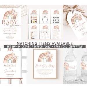 Puede incluir: Un conjunto de decoraciones imprimibles para una fiesta de bienvenida al beb&eacute; con un arco&iacute;ris y acentos florales. El conjunto incluye un cartel de bienvenida, un juego de "No digas beb&eacute;", etiquetas para botellas de agua y una etiqueta de agradecimiento. El texto en el cartel de bienvenida dice "Bienvenido a la fiesta de bienvenida al beb&eacute; de Samantha el 18 de marzo de 2023".