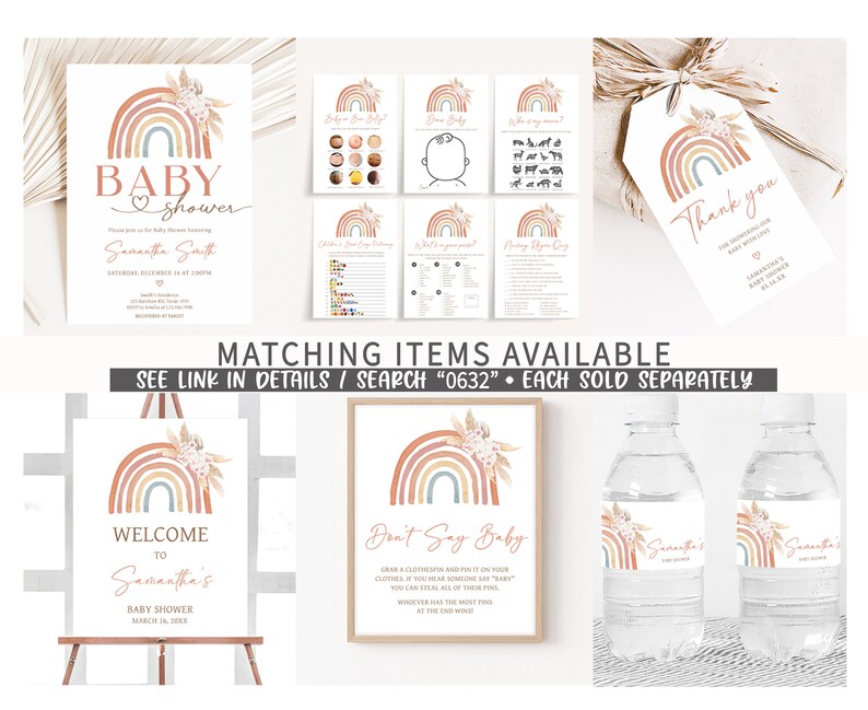 Puede incluir: Un conjunto de decoraciones imprimibles para una fiesta de bienvenida al beb&eacute; con un arco&iacute;ris y acentos florales. El conjunto incluye un cartel de bienvenida, un juego de "No digas beb&eacute;", etiquetas para botellas de agua y una etiqueta de agradecimiento. El texto en el cartel de bienvenida dice "Bienvenido a la fiesta de bienvenida al beb&eacute; de Samantha el 18 de marzo de 2023".