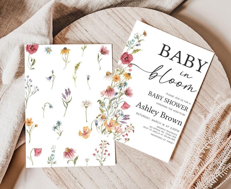 Editable Baby in Bloom Baby Shower Invitation Bundle, Boho Wildflower Baby Shower Invite Set, Spring Floral Baby Shower Invite Pack, 0627 image 2