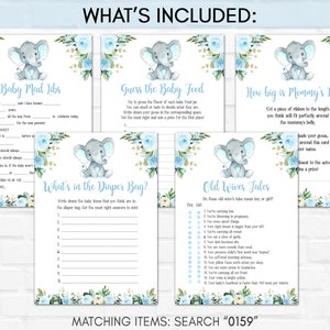 May include: A set of printable baby shower game cards featuring a blue and white floral design with a cute elephant illustration. The games include "Baby Mad Libs", "Guess the Baby Food", "What's in the Diaper Bag", "How Big is Mommy's Belly", and "Old Wives Tales".