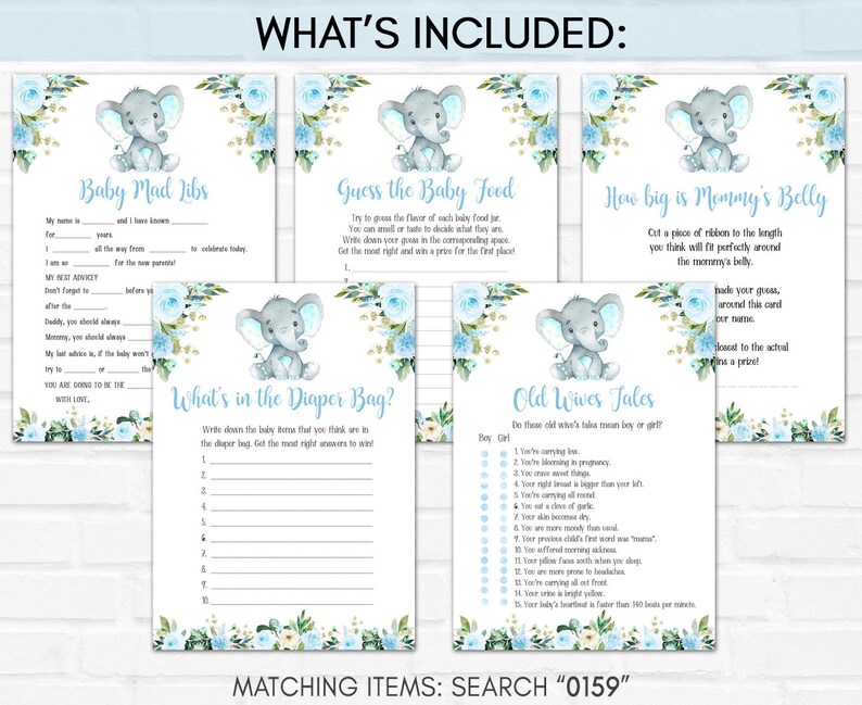 Elephant Baby Shower Game Bundle Boy Baby Shower Activity Etsy