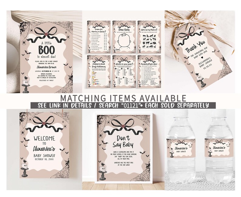 May include: A collection of baby shower decorations with a Halloween theme. Includes invitations, game cards, thank you tags, a welcome sign, a "Don't Say Baby" sign, and water bottle labels. The designs feature bats, spiderwebs, and a bow.