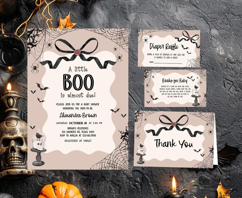 a set of halloween party cards with a skull on it