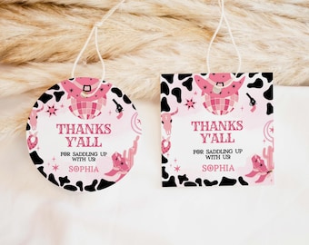 Editable Pink Cowgirl Birthday Round Favor Tag, Yee Haw Space Cowgirl Party Gift Tag, Girl Rodeo Birthday Party, Disco Dance Party Tag, 62BD